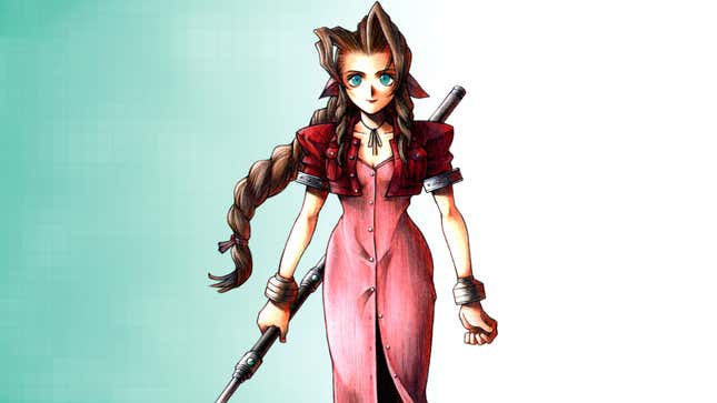 An illustration of Aerith stands against a gradient.