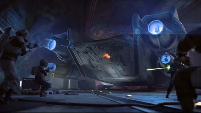 A ship being shot at by troops as seen in the new Star Wars Outlaws trailer. 