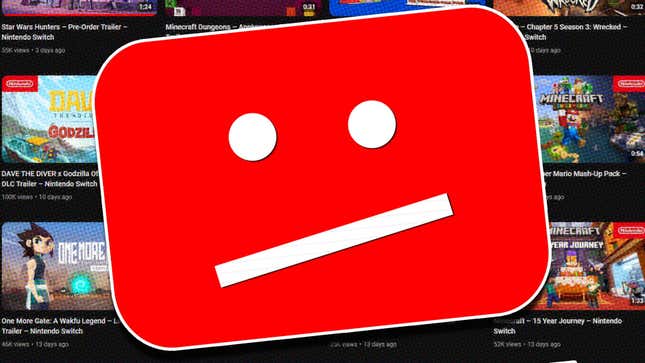 An image shows a sad YouTube icon face and Nintendo videos behind it. 