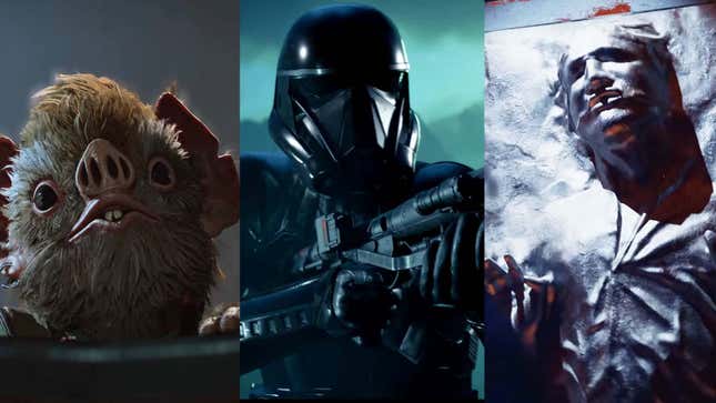 An image shows three screenshots from the new Star Wars Outlaws trailer. 