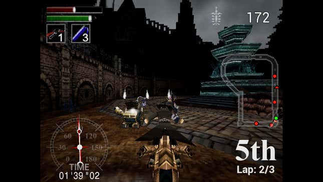 A screenshot of Nightmare Kart, showing a Bloodborne-like hunter on a bike behind some wagons.