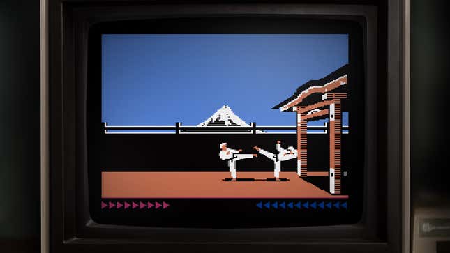 Two figures in traditional karate attire kick at each other while Mt. Fuji looms in the background, displayed on what appears to be an old TV set.