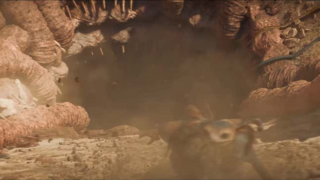 Someone sliding into a large alien pit as seen in the new Star Wars Outlaws trailer. 