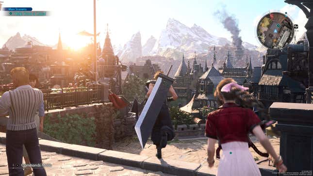 Cloud and Aerith run through the town of Kalm as mountains loom in the distance.