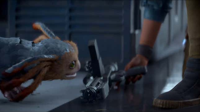Nix handing over a blaster as seen in the new Star Wars Outlaws trailer. 