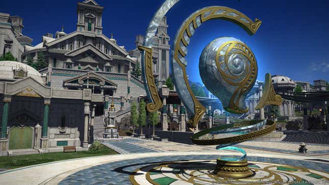 A screenshot from Final Fantasy XIV shows a fantasy town.